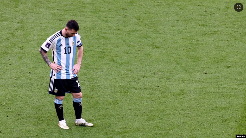 Argentina's Lionel Messi reacts after Saudi Arabia's Saleh Al-Shehri scores their first goal. (REUTERS/Marko Djurica)