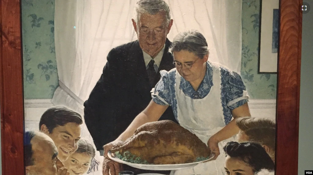 Norman Rockwell's "Freedom of Worship" shows a family's Thanksgiving dinner, The title of the painting suggests a vision for a world without discrimination based on religious practice or belief. (J.Taboh/VOA)