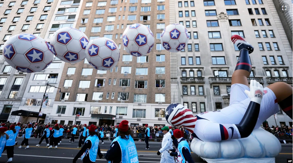 The U.S. Soccer float rides in the Macy's Thanksgiving Day Parade on Thursday, Nov. 24, 2022, in New York. (Photo by Charles Sykes/Invision/AP)