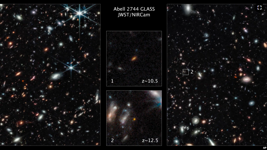This image made available by the Space Telescope Science Institute on Thursday, Nov. 17, 2022, shows two of the farthest galaxies seen to date captured by the James Webb Space Telescope. (NASA, ESA, CSA, Tommaso Treu (UCLA), Zolt G. Levay (STScI) via AP)