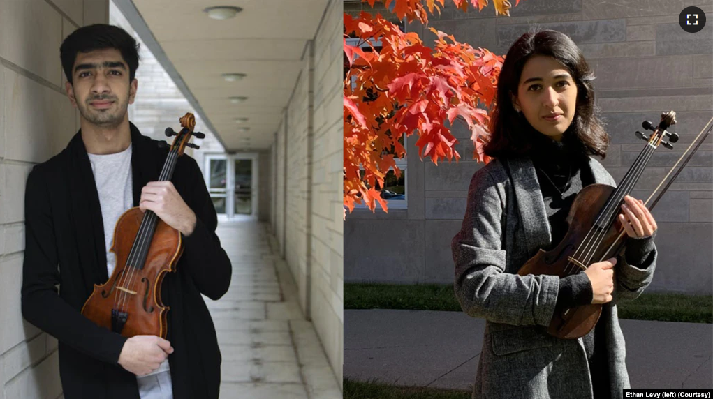 Mehran Fanous of Afghanistan left, and Parastoo Heidarinejad of Iran at the Jacobs School of Music in Bloomington, Indiana. (Photo by Ethan Levy/Indiana Daily Student)