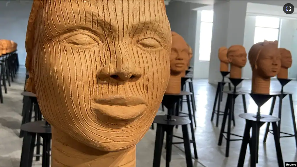 Terra cotta heads seen on display at a museum, a French woman collection representing the remaining Chibok school girls in captivity in Lagos, Nigeria, November 29, 2022. (REUTERS/Seun Sanni)