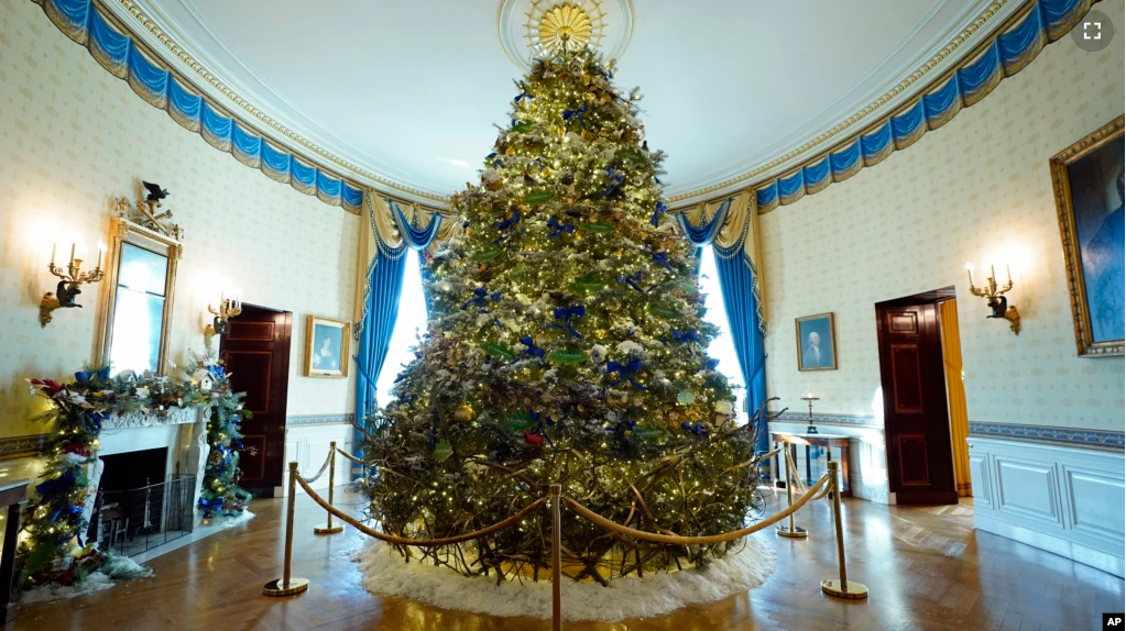 The White House Christmas Tree is on display in the Blue Room of the White House during a press preview of holiday decorations at the White House, Monday, Nov. 28, 2022, in Washington. (AP Photo/Patrick Semansky)