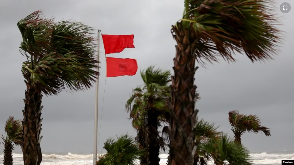 FILE - A red warning flag flies as palm trees sway in the wind as Hurricane Sally approaches in Gulf Shores, Alabama, U.S., September 15, 2020. (REUTERS/Jonathan Bachman)