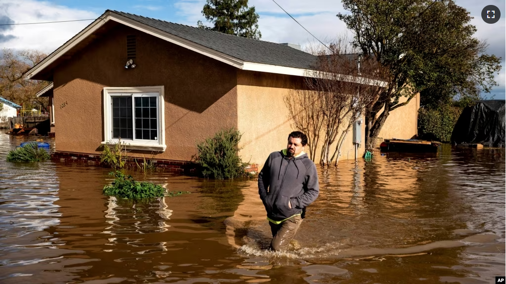 Nick Enero wades through floodwaters while helping his brother salvage items from his Merced, Calif., home as storms continue battering the state on Jan. 10, 2023. (AP Photo/Noah Berger)