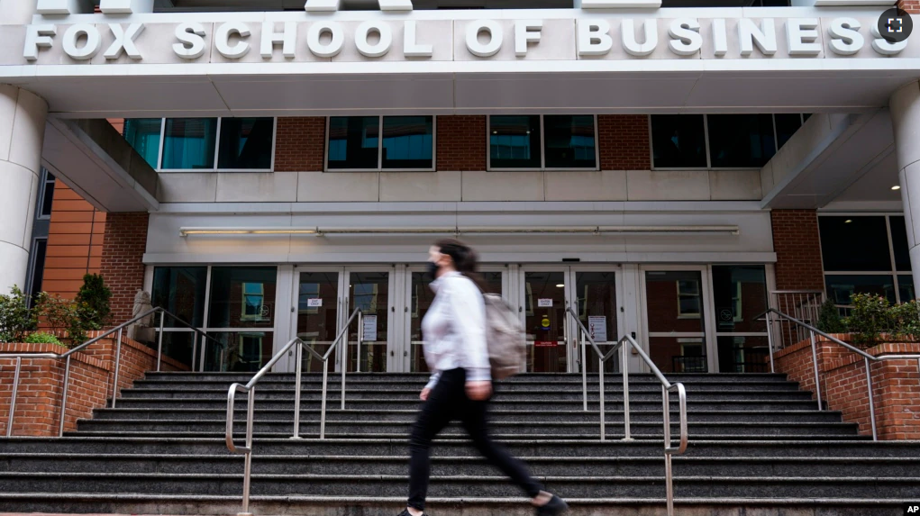 FILE - The Fox School of Business is shown on the Temple University campus in Philadelphia on Friday, April 16, 2021. (AP Photo/Matt Rourke)