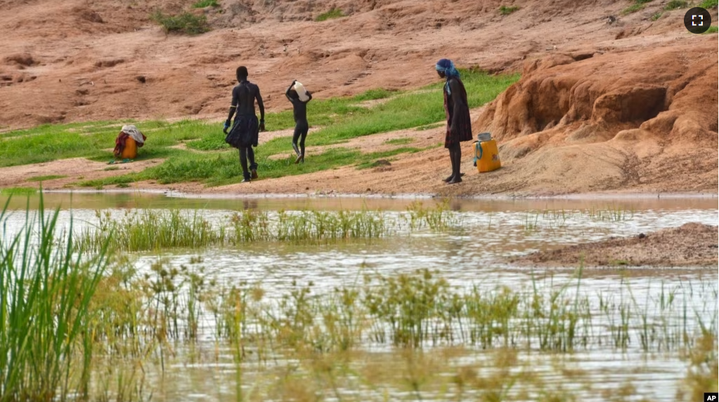 In this Wednesday Oct. 4, 2017 photo, children in the town of Terekeka draw water from a stagnant pond that was once infected with Guinea Worm when the town was endemic. (AP Photo/Mariah Quesada)