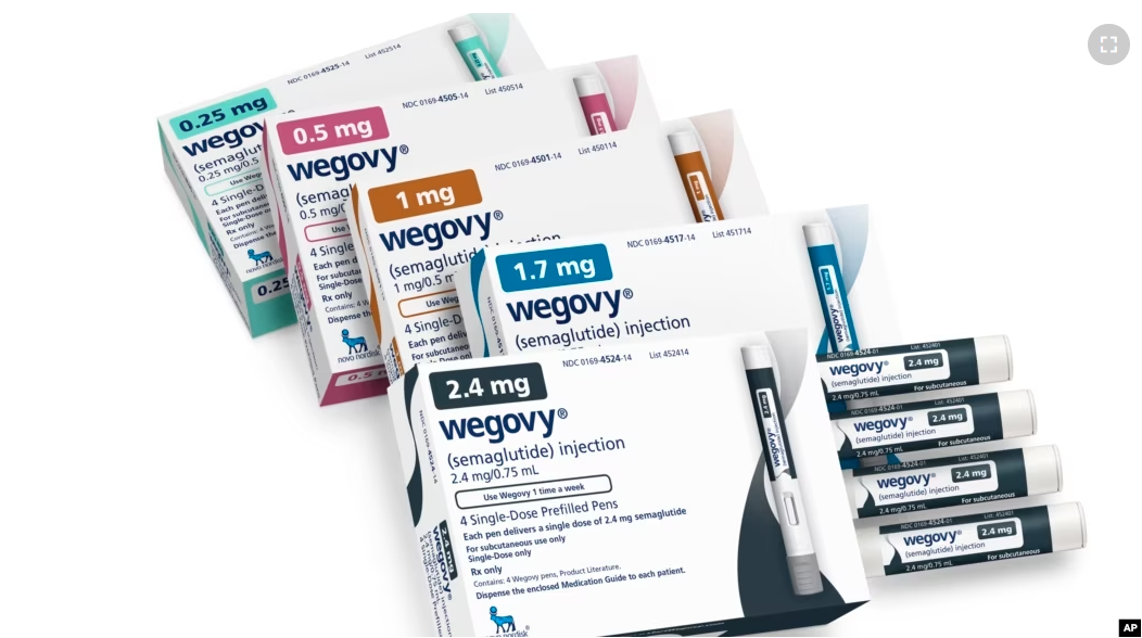 This image provided by Novo Nordisk in January 2023, shows packaging for the company's Wegovy drug. A study found that Wegovy helped teens reduce their body mass index by about 16 percent on average. (Novo Nordisk via AP)