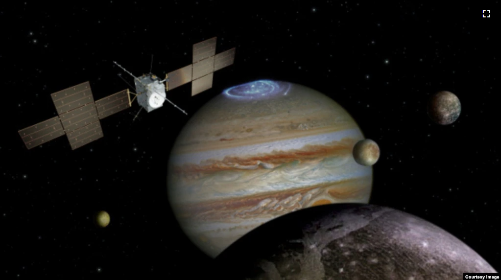 An artist's illustration depicts the ESA's JUICE spacecraft, which will make detailed observations of Jupiter as well as its three large moons, Ganymede, Callisto and Europa. (Image Credit: ESA)