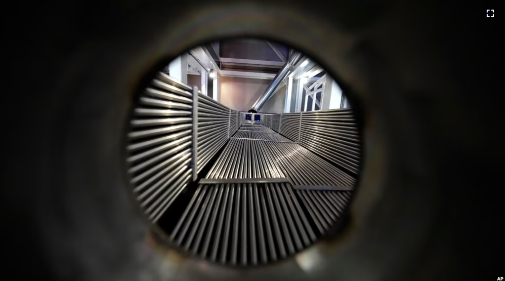 A cross-section of a prototype reactor is shown inside Last Energy's microreactor demonstration unit, Jan. 17, 2023, in Brookshire, Texas. (AP Photo/David J. Phillip)