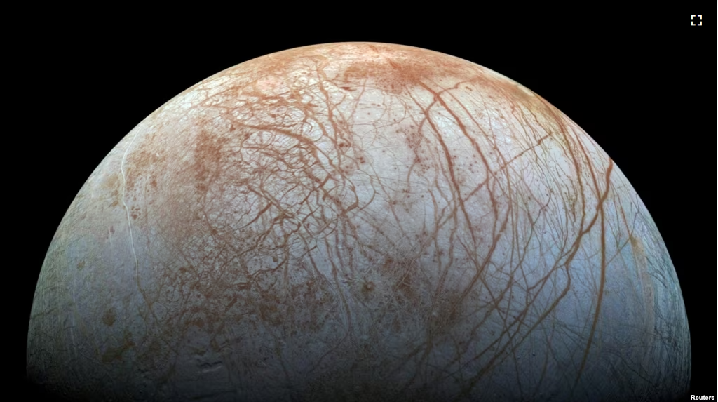 FILE - A view of Jupiter's moon Europa created from images taken by NASA's Galileo spacecraft in the late 1990's, according to NASA, obtained by Reuters May 14, 2018. (NASA/JPL-Caltech)