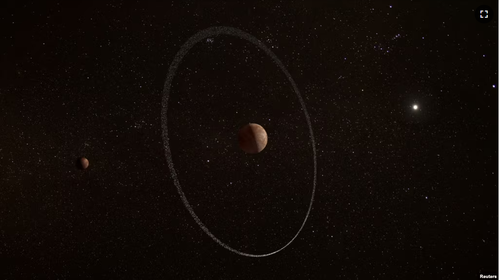 An illustration showing the frigid distant world Quaoar, orbiting in our solar system beyond Pluto, surrounded by its newly discovered ring, along with its moon Weywot. (ESA, CC BY-SA 3.0 IGO/Handout via REUTERS)