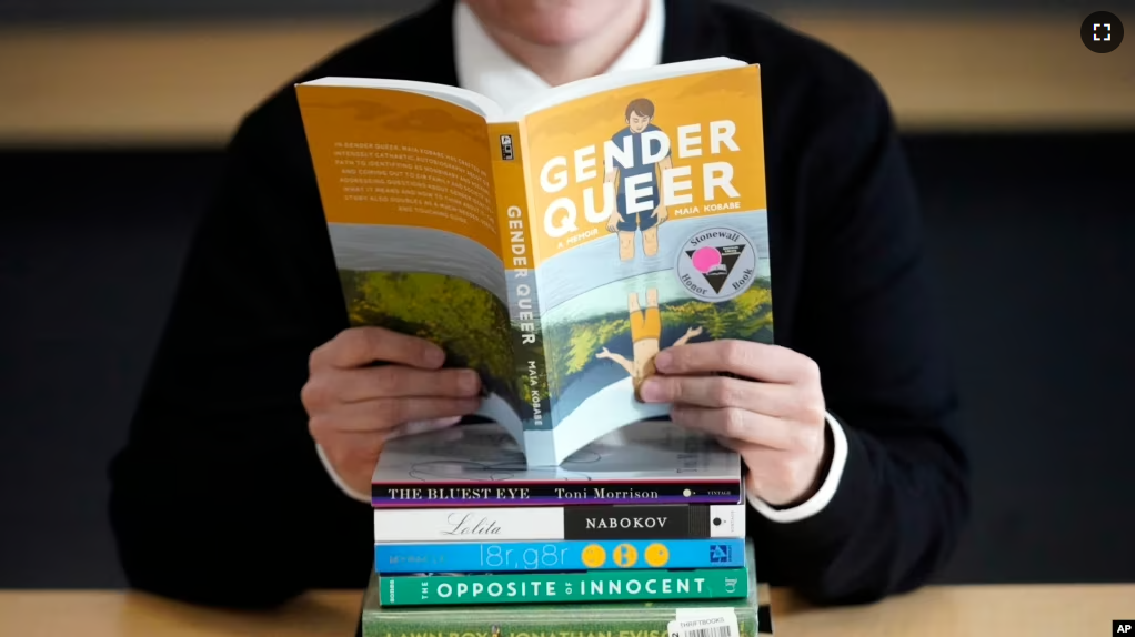 FILE - A pile of challenged books appear at the Utah Pride Center in Salt Lake City on Dec. 16, 2021. (AP Photo/Rick Bowmer, File)