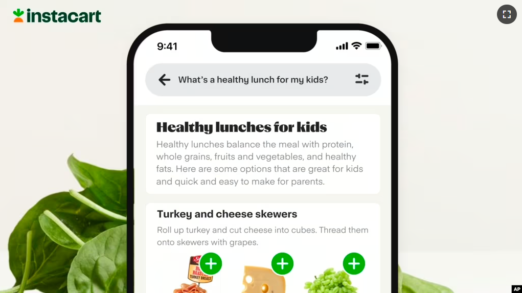 This illustration from Instacart shows the app which adds ChatGPT to answer customers' food questions. (Instacart, Inc. via AP)