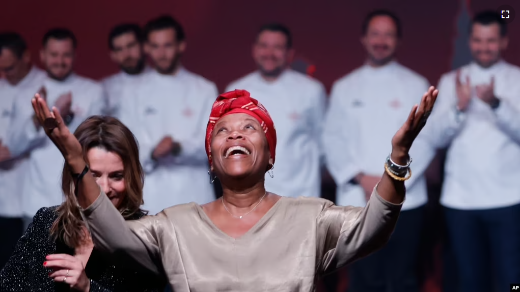 Georgiana Viou celebrates her star during the 2023 Michelin Guide ceremony in Strasbourg, eastern France, Monday, March 6, 2023. (AP Photo/Jean-Francois Badias)