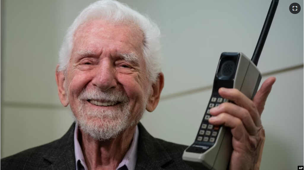 Marty Cooper, the inventor of first commercial mobile phone, during an interview with The Associated Press during the Mobile World Congress 2023. (AP Photo/Joan Mateu Parra)