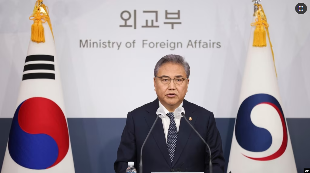 South Korean Foreign Minister Park Jin speaks during a briefing announcing a plan to resolve a dispute over compensating people forced to work under Japan's 1910-1945 occupation of Korea, at the Foreign Ministry in Seoul, March 6, 2023. (Kim Hong-Ji/Pool Photo via AP)