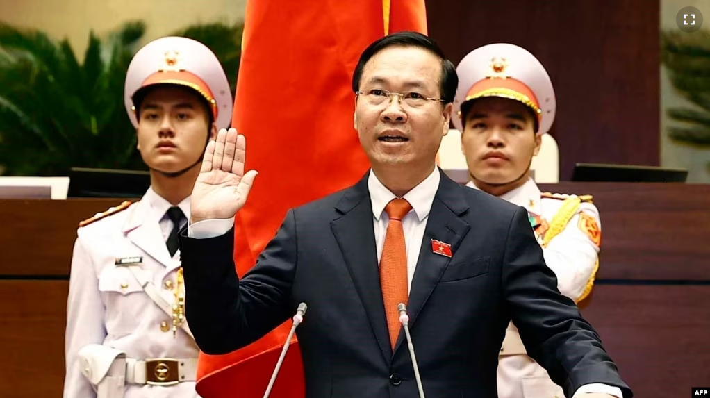 This picture taken and released by the Vietnam News Agency on March 2, 2023, shows Vietnam's new president, Vo Van Thuong, taking his oath during a National Assembly's meeting in Hanoi.