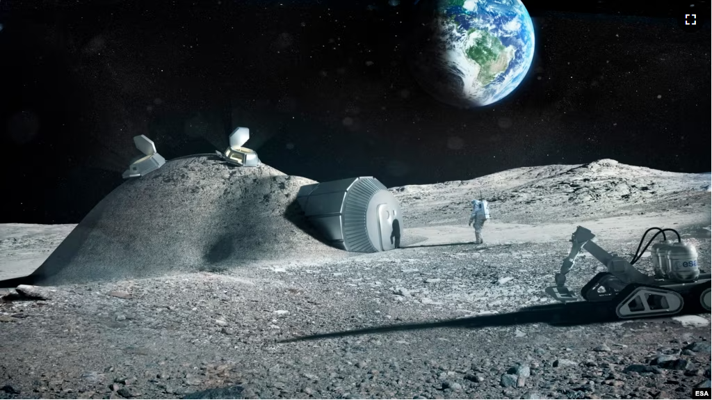 This illustration created by the European Space Agency (ESA) shows how a future moon base could be set up, with structures built with 3D printer technology. Industrial partners including architectural company Foster+Partners joined ESA to test the possibi