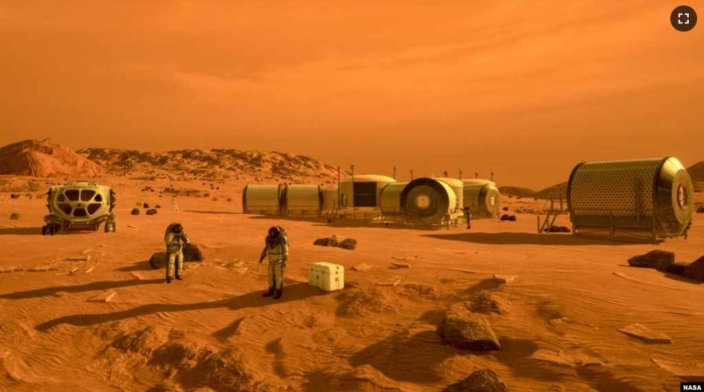 An artistic representation of astronauts and human living establishments on Mars as they might exist in the future. (Image Credit: NASA)