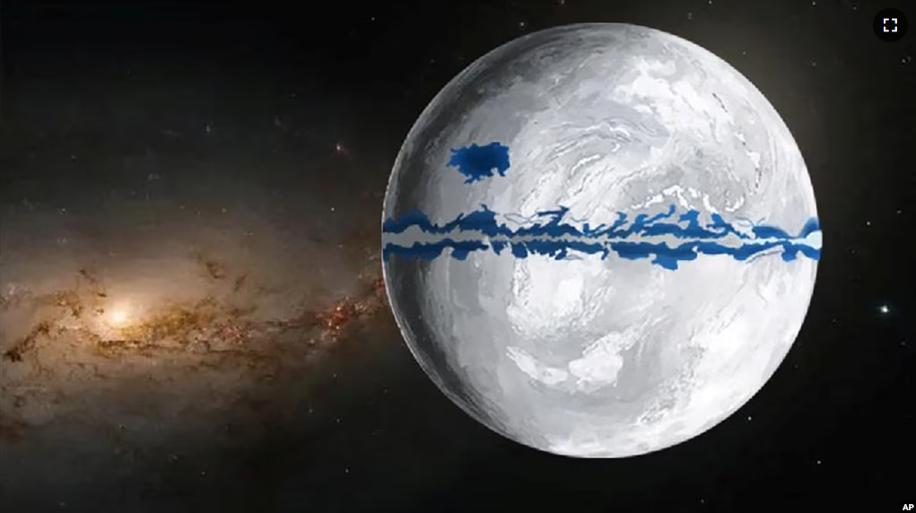 An illustration depicting Earth during the Marinoan Ice Age, when ice sheets covered most of the planet. (Huyue Song/Handout via REUTERS)