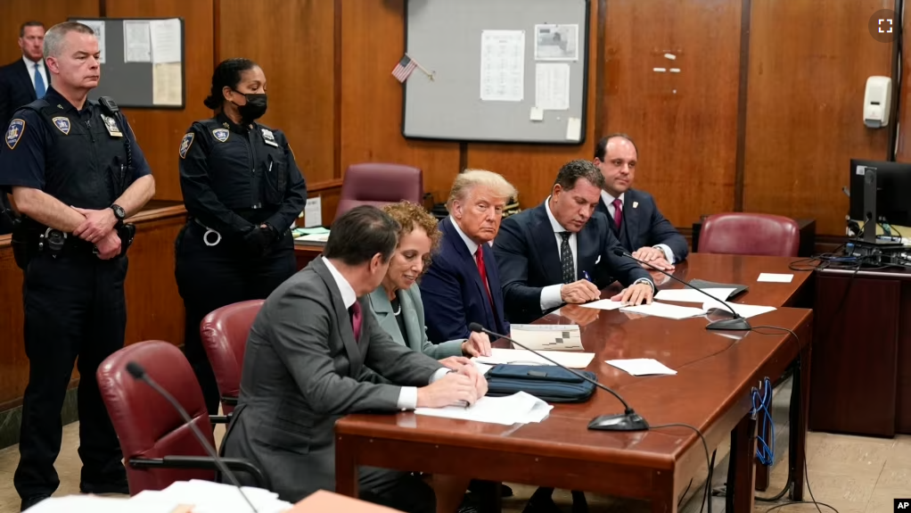 Former President Donald Trump appears in court for his arraignment April 4, 2023, in New York. Trump was arraigned on criminal charges stemming from a hush money payment to a porn actor during his 2016 campaign. (AP Photo/Seth Wenig, Pool)