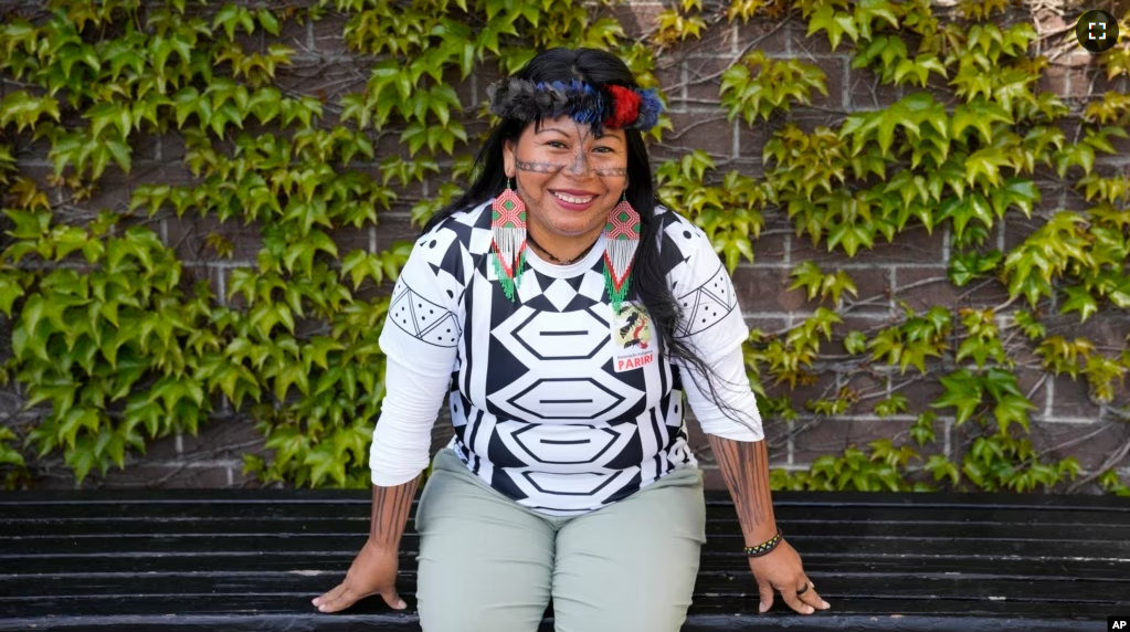 Munduruku leader Alessandra Korap poses at the Fairmont Hotel in San Francisco, Wednesday, April 19, 2023. (AP Photo/Eric Risberg)