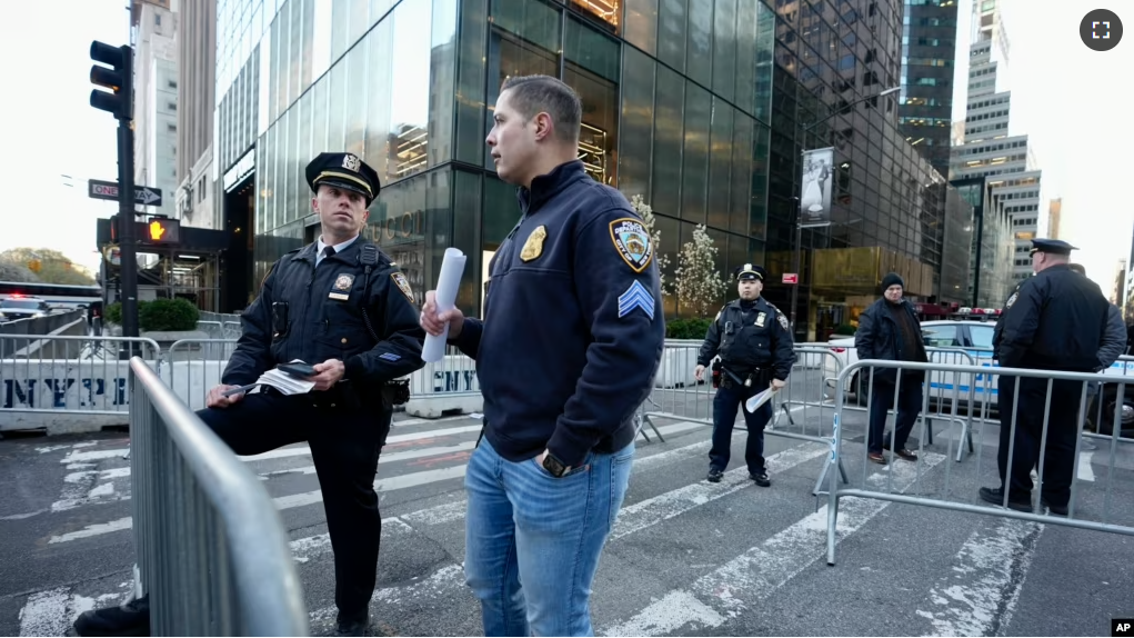 New York City police block off the street near Trump Tower, Monday, April 3, 2023. Former President Donald Trump is expected to travel to New York to face charges related to hush money payments. (AP Photo/Bryan Woolston)