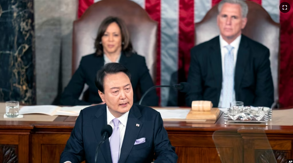 South Korea's President Yoon Suk Yeol addresses a joint meeting of Congress, Thursday, April 27, 2023, in Washington. (AP Photo/Alex Brandon)