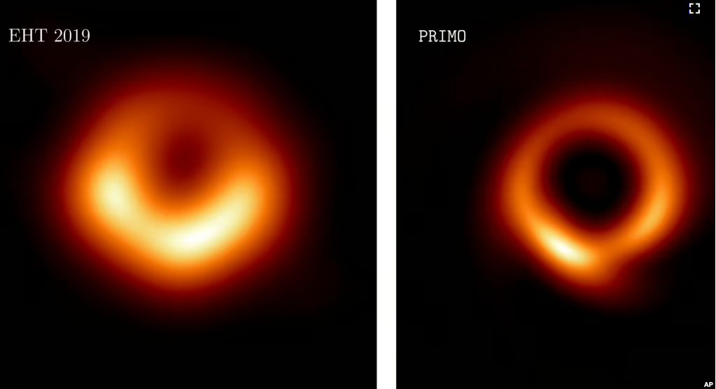 This combination of images provided by researcher Lia Medeiros shows images of the M87 black hole released in 2019, left, and an updated one for 2023. (Lia Medeiros via AP)