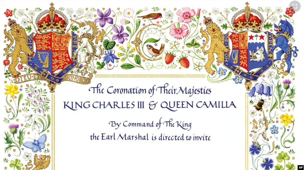 This photo released by Buckingham Palace on Tuesday, April 4, 2023 displays the invitation to the Coronation of Britain's King Charles III in Westminster Abbey. (Buckingham Palace via AP)