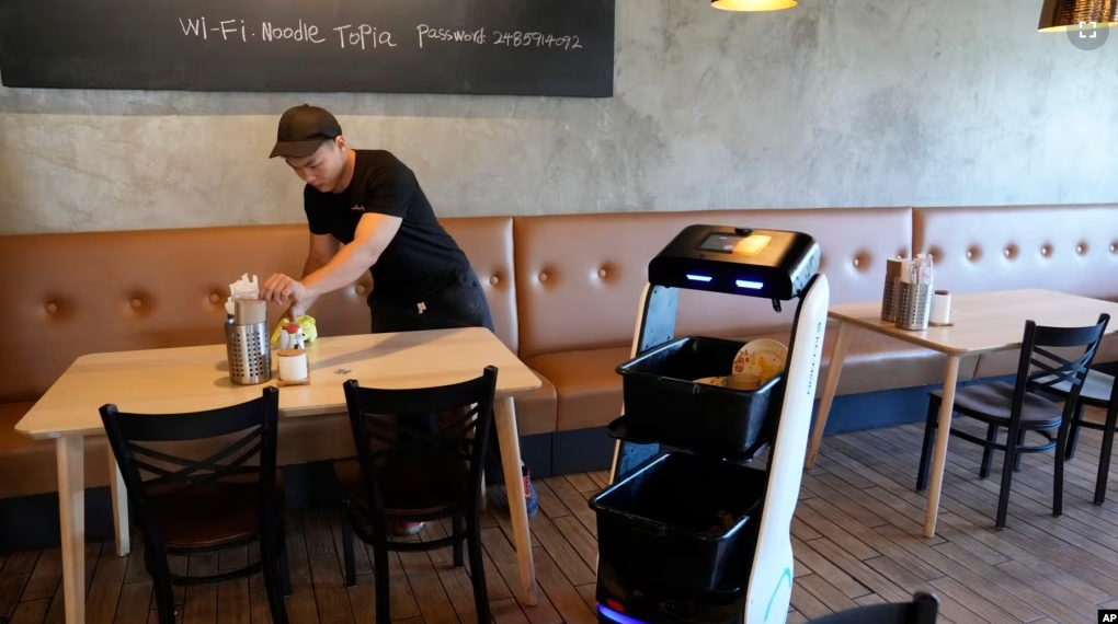 A robot helps clean up at the Noodle Topia in Michigan, March 20, 2023. (AP Photo/Carlos Osorio)