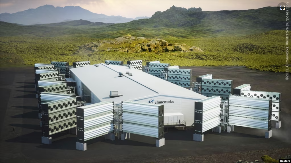 FILE - A view of a computer-rendered image of Climeworks' Mammoth direct air capture plant, is seen in this undated handout picture obtained by Reuters June 28, 2022. (Climeworks/Handout via REUTERS )