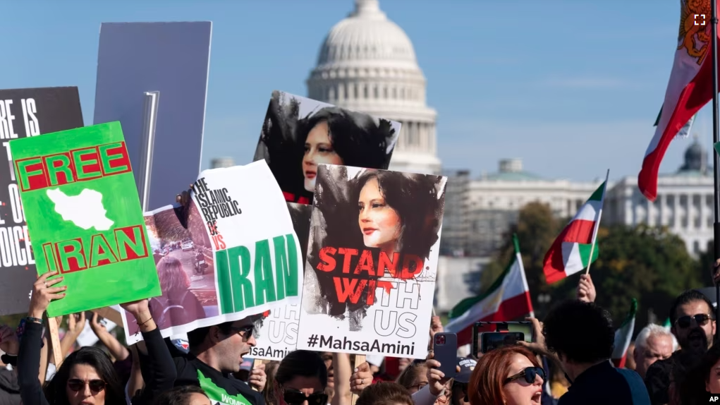 FILE - Demonstrators rally at the National Mall in Washington to protest against the Iranian regime, Oct. 22, 2022, following the death of Mahsa Amini in the custody of the Islamic republic's notorious "morality police." (AP Photo/Jose Luis Magana, File)