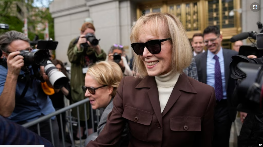 E. Jean Carroll walks out of Manhattan federal court, May 9, 2023, in New York. A jury has found Donald Trump liable for sexually abusing her in 1996, awarding her $5 million in a judgment. Trump is appealing the decision. (AP Photo/Seth Wenig)