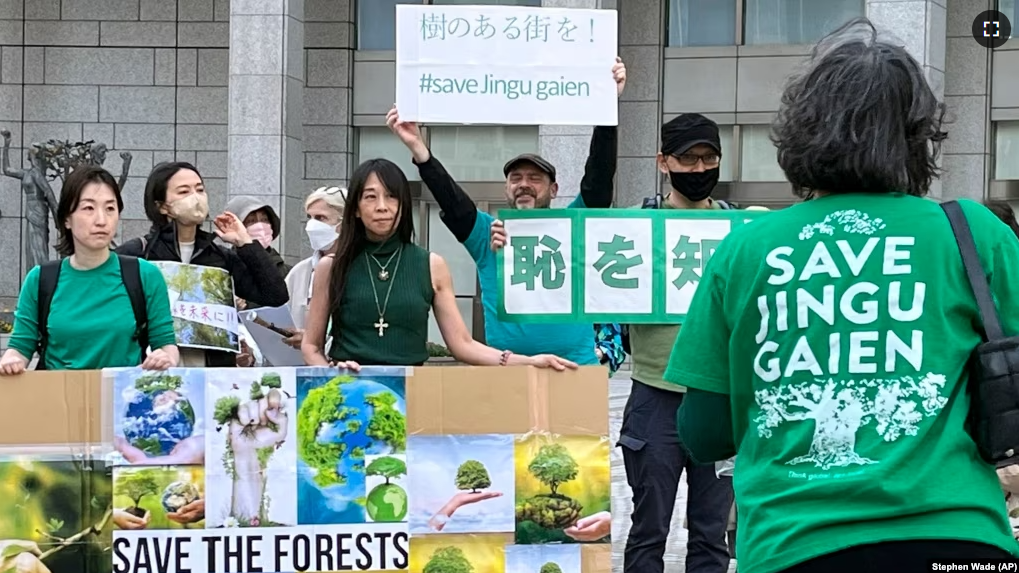 Protester against the Meiji Jingu Gaien area redevelopment project in front of the Tokyo Metropolitan Government Building April 9, 2023. (AP Photo/Stephen Wade)