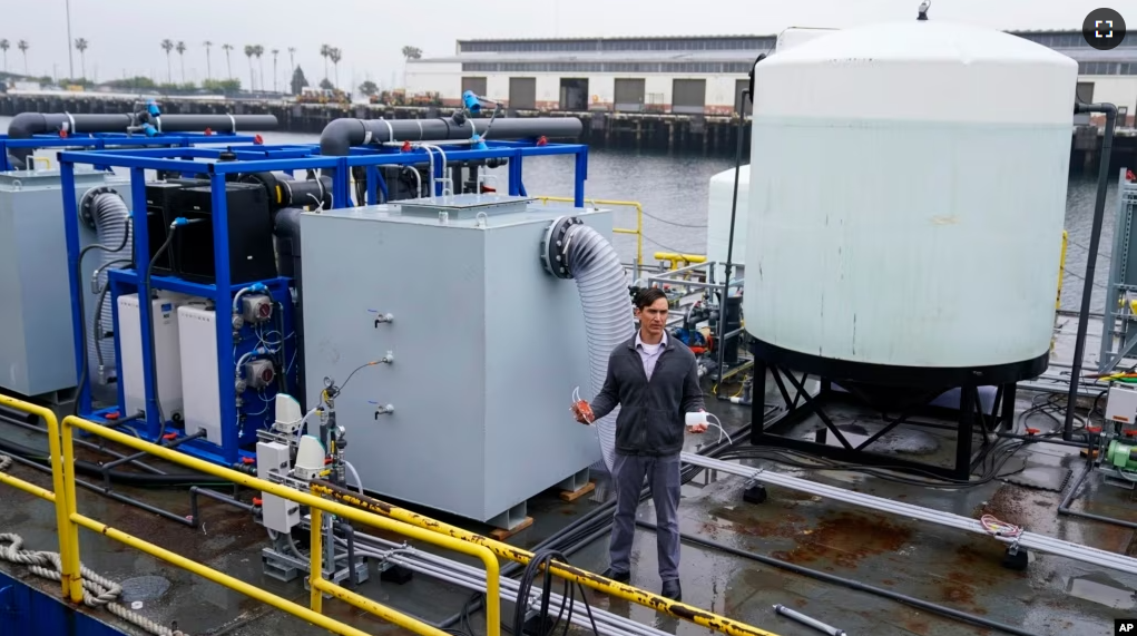 Dante Simonetti of UCLA explains a technology dubbed SeaChange on April 12, 2023, in San Pedro, California. (AP Photo/Ashley Landis)