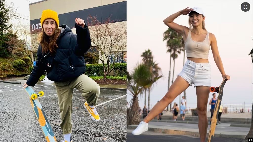 These photos shows Hannah Dooling posing outside Daddies Board Shop in Portland, Ore., in December 2021, left, and Yun Huang posing with her longboard in Santa Monica on Aug. 31, 2022. (Devon Hubner, via AP, left, and Laura Paragano via AP)