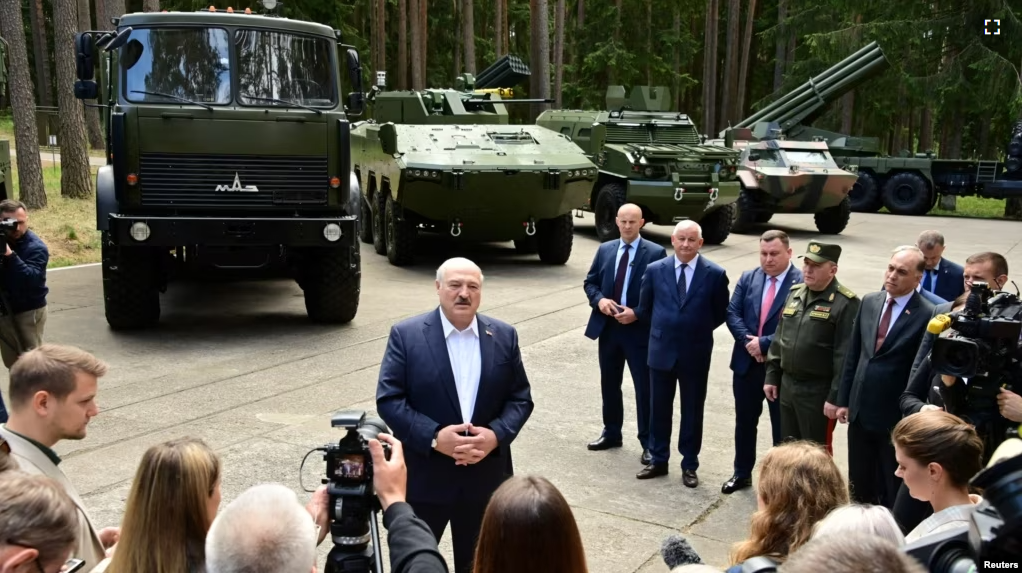 Belarusian President Alexander Lukashenko speaks to reporters in the Minsk Region, Belarus June 13, 2023. (Press Service of the President of the Republic of Belarus/Handout via REUTERS)