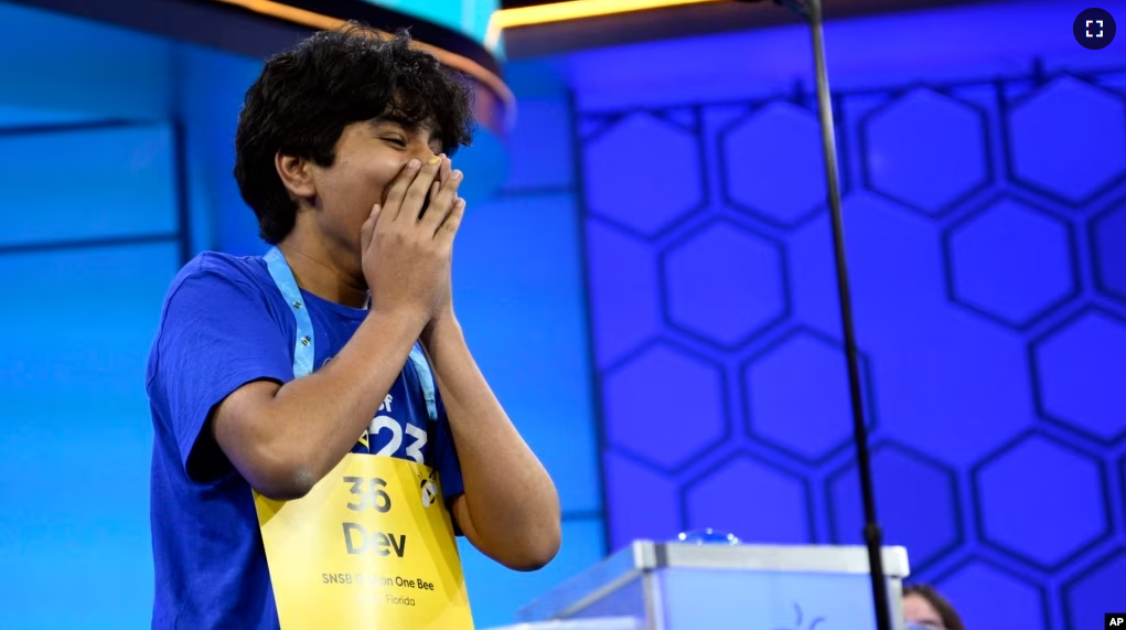 Dev Shah, 14, from Largo, Fla., reacts as he wins the Scripps National Spelling Bee finals, Thursday, June 1, 2023, in Oxon Hill, Md. (AP Photo/Nick Wass)