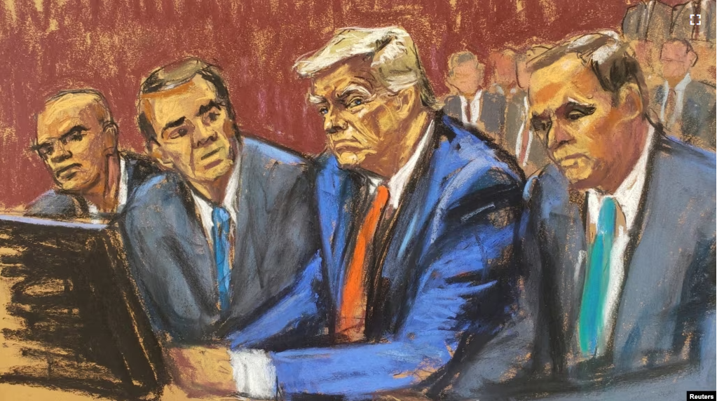 Former U.S. President Donald Trump appears at Wilkie D. Ferguson Jr. United States Courthouse, alongside his aide Walt Nauta and attorneys Chris Kise and Todd Blanche in Miami, Florida, U.S., June 13, 2023 in a courtroom sketch. (REUTERS/Jane Rosenberg)