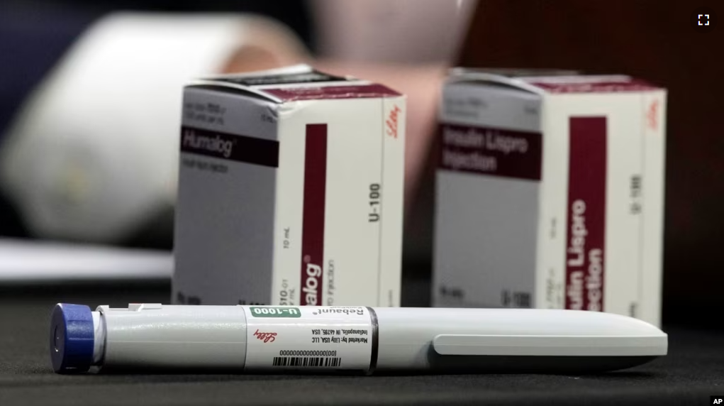 FILE - Insulin products are displayed in front of David Ricks, chairman and chief executive officer of Eli Lilly and Company, during the Senate Health, Education, Labor, and Pensions Committee hearing on Capitol Hill in Washington, Wednesday, May 10, 2023(AP Photo/Carolyn Kaster)