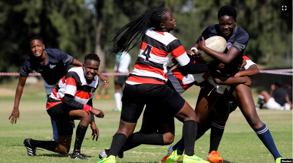 Members of the Zimbiru Rugby Academy Club, an all-female rugby team, play a match in the capital Harare, in Zimbabwe, April 29, 2023. (REUTERS/Philimon Bulawayo)