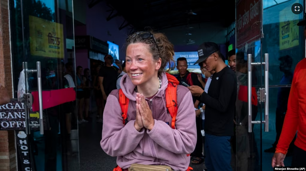 Norwegian climber Kristin Harila, 37, arrives after summiting Annapurna in Kathmandu, Nepal, Tuesday, June 6, 2023. The Norwegian is aiming to be the fastest climber to scale all the world's 14 highest mountains. (AP Photo/Niranjan Shrestha)