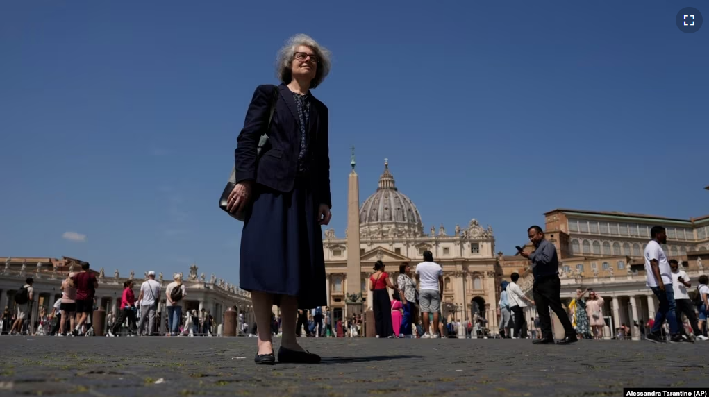 Sister Nathalie Becquart, the first female undersecretary in the Vatican's Synod of Bishops, poses for a photo in front of St. Peter's Square, Monday, May 29, 2023. (AP Photo/Alessandra Tarantino)