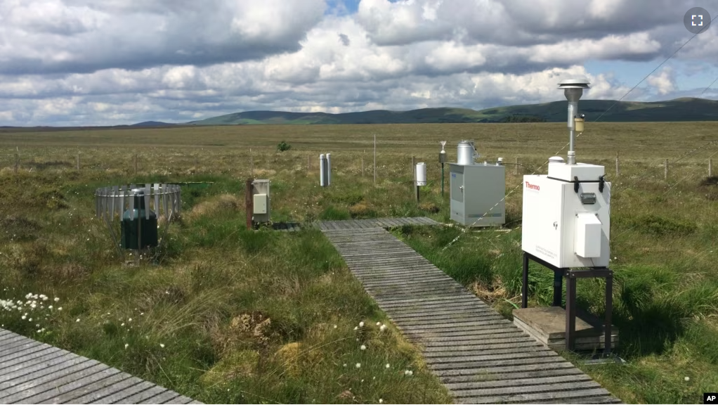 This photo provided by the National Physical Laboratory in June 2023 shows air sampling filters stationed at the Auchencorth Moss research facility in Scotland. In a study published Monday, May 5, 2023. (National Physical Laboratory via AP)