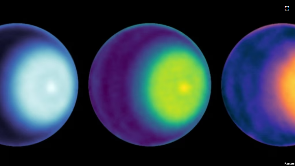 FILE - NASA scientists uses microwave observations to spot the first polar cyclone on Uranus, seen here as a light-colored dot to the right of center in each image of the planet, in this handout image released on May 25, 2023. (NASA/JPL-Caltech/VLA/Handout via REUTERS)