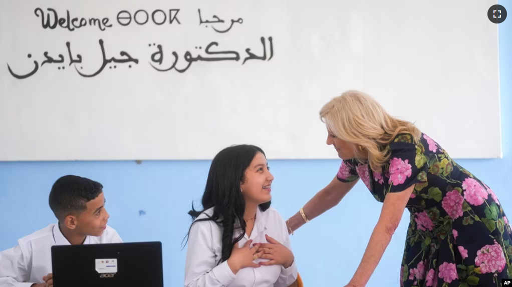 FILE - First Lady Jill Biden interacts with a student at Ibn Al Arif high school during her visit to Marrakech, Morocco, Monday, June 5, 2023. (AP Photo/Mosa'ab Elshamy, Pool, File)