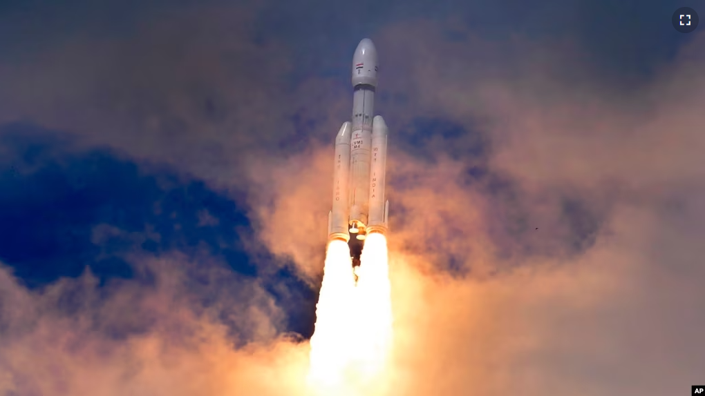 Indian spacecraft Chandrayaan-3, the word for "moon craft" in Sanskrit, travels after it was launched from the Satish Dhawan Space Centre in Sriharikota, India on July 14, 2023. (AP Photo/Aijaz Rahi)