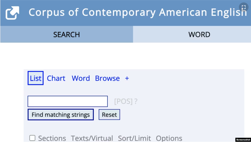 Screenshot of Corpus of Contemporary American English, captured on July 20, 2023.